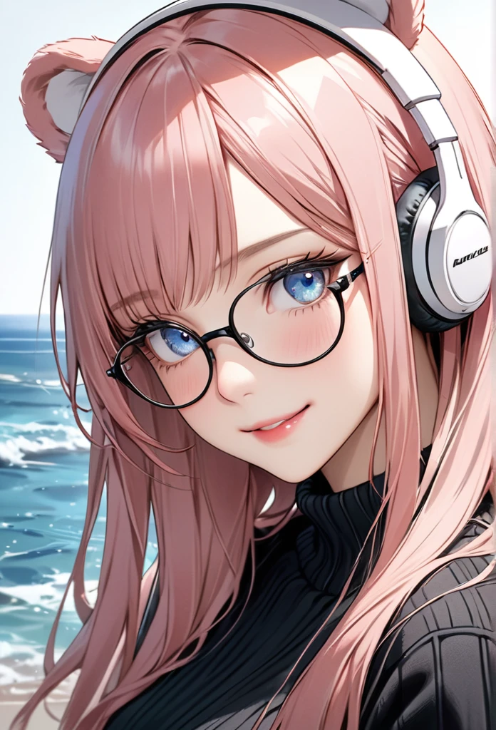 
((highest quality)), ((masterpiece)), (Get used to it), Perfect Face, masterpiece、highest quality、High resolution、High quality picture、8k, 1 woman、Fair skin,black sweater dress, close up white lips upper neckline 、Delicate eye expression、Pink hair mixed with yellow、Long haired girl, wearing bright white bear ear headset,wearing thin glasses, 
 Perfect Line Drawing, Beautiful line art, Beautiful Ocean Blue Eyes, Beautiful face with attention to detail, (Sweet Smile), charm, Innocent, Side view, (Face with perfect details), (Beautiful Hands) Photorealistic Drawing,