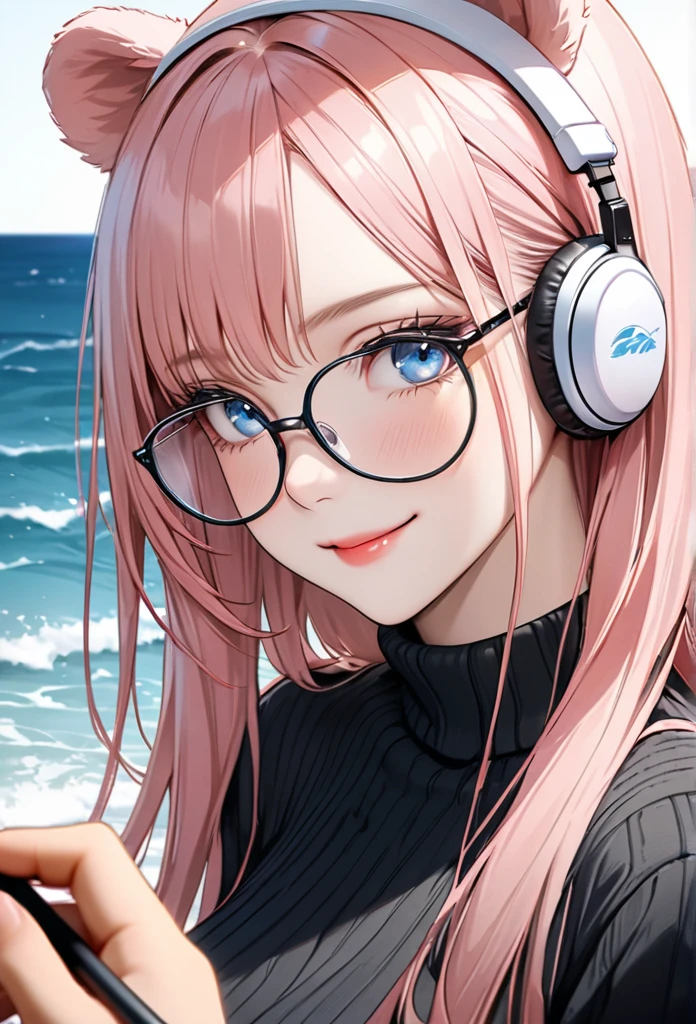 
((highest quality)), ((masterpiece)), (Get used to it), Perfect Face, masterpiece、highest quality、High resolution、High quality picture、8k, 1 woman、Fair skin,black sweater dress, close up white lips upper neckline 、Delicate eye expression、Pink hair mixed with yellow、Long haired girl, wearing bright white bear ear headset,wearing thin glasses, 
 Perfect Line Drawing, Beautiful line art, Beautiful Ocean Blue Eyes, Beautiful face with attention to detail, (Sweet Smile), charm, Innocent, Side view, (Face with perfect details), (Beautiful Hands) Photorealistic Drawing,