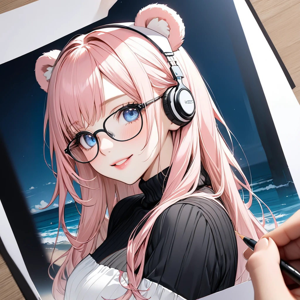 
((highest quality)), ((masterpiece)), (Get used to it), Perfect Face, masterpiece、highest quality、High resolution、High quality picture、8k, 1 woman、Fair skin,black sweater dress, close up white lips upper neckline 、Delicate eye expression、Pink hair mixed with yellow、Long haired girl, wearing bright white bear ear headset,wearing thin glasses, 
 Perfect Line Drawing, Beautiful line art, Beautiful Ocean Blue Eyes, Beautiful face with attention to detail, (Sweet Smile), charm, Innocent, Side view, (Face with perfect details), (Beautiful Hands) Photorealistic Drawing,