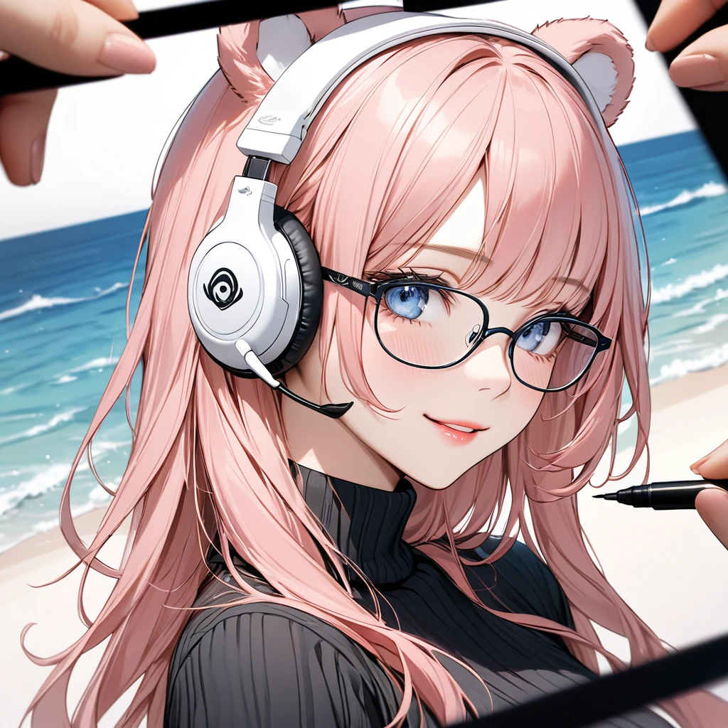 
((highest quality)), ((masterpiece)), (Get used to it), Perfect Face, masterpiece、highest quality、High resolution、High quality picture、8k, 1 woman、Fair skin,black sweater dress, close up white lips upper neckline 、Delicate eye expression、Pink hair mixed with yellow、Long haired girl, wearing bright white bear ear headset,wearing thin glasses, 
 Perfect Line Drawing, Beautiful line art, Beautiful Ocean Blue Eyes, Beautiful face with attention to detail, (Sweet Smile), charm, Innocent, Side view, (Face with perfect details), (Beautiful Hands) Photorealistic Drawing,