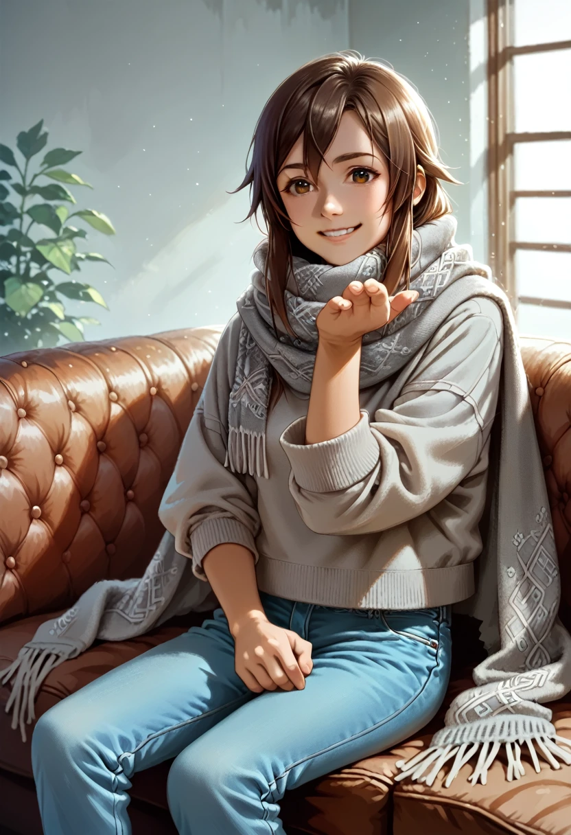 Bell, anime, brown hair, medium breasts, brown eyes, light smile, jeans, scarf, gray sweatshirt, blue pants, sitting, cross-legged, inside a smart home, sitting on the couch, Asada Shino's face, anime Sword Art Online, best quality