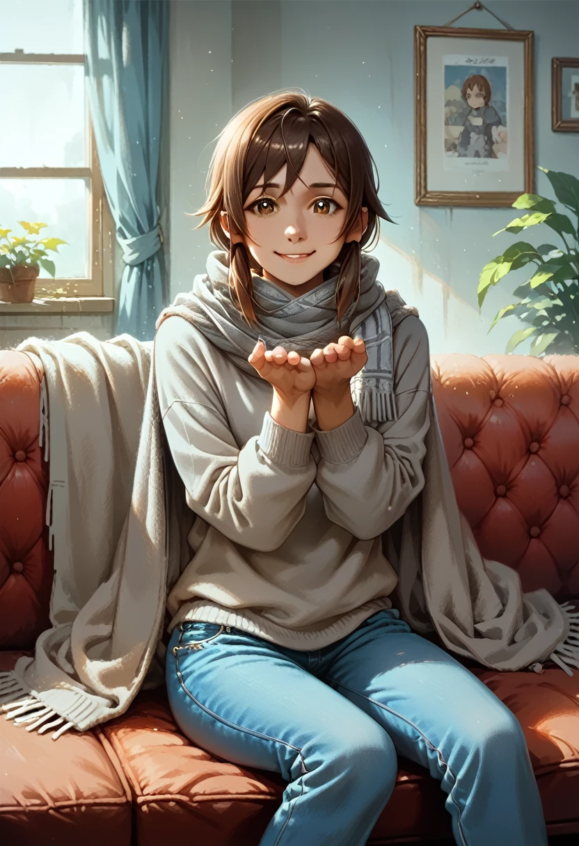 Bell, anime, brown hair, medium breasts, brown eyes, light smile, jeans, scarf, gray sweatshirt, blue pants, sitting, cross-legged, inside a smart home, sitting on the couch, Asada Shino's face, anime Sword Art Online, best quality