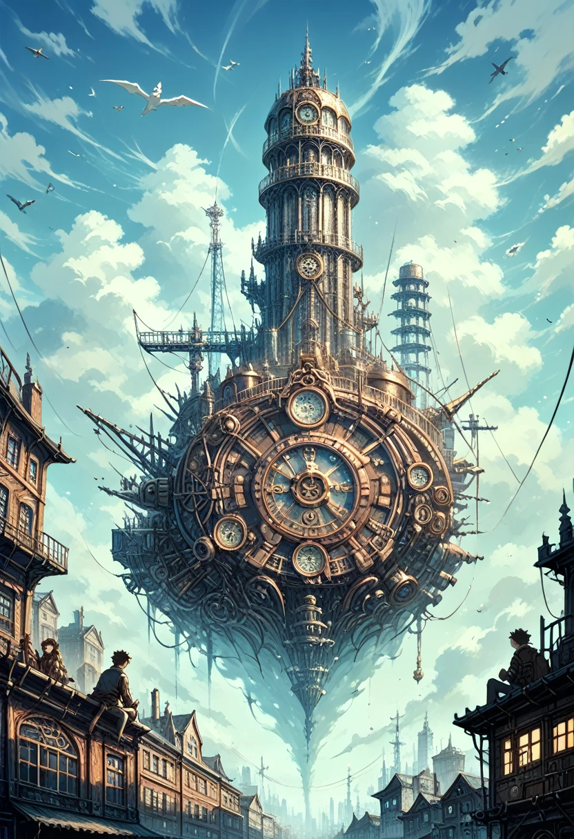 super detail, high details, high quality, 8k, Miyazaki style, a steampunk-style city floating in the sky, clouds and diverse architecture, exuding mystery and technology --v 6