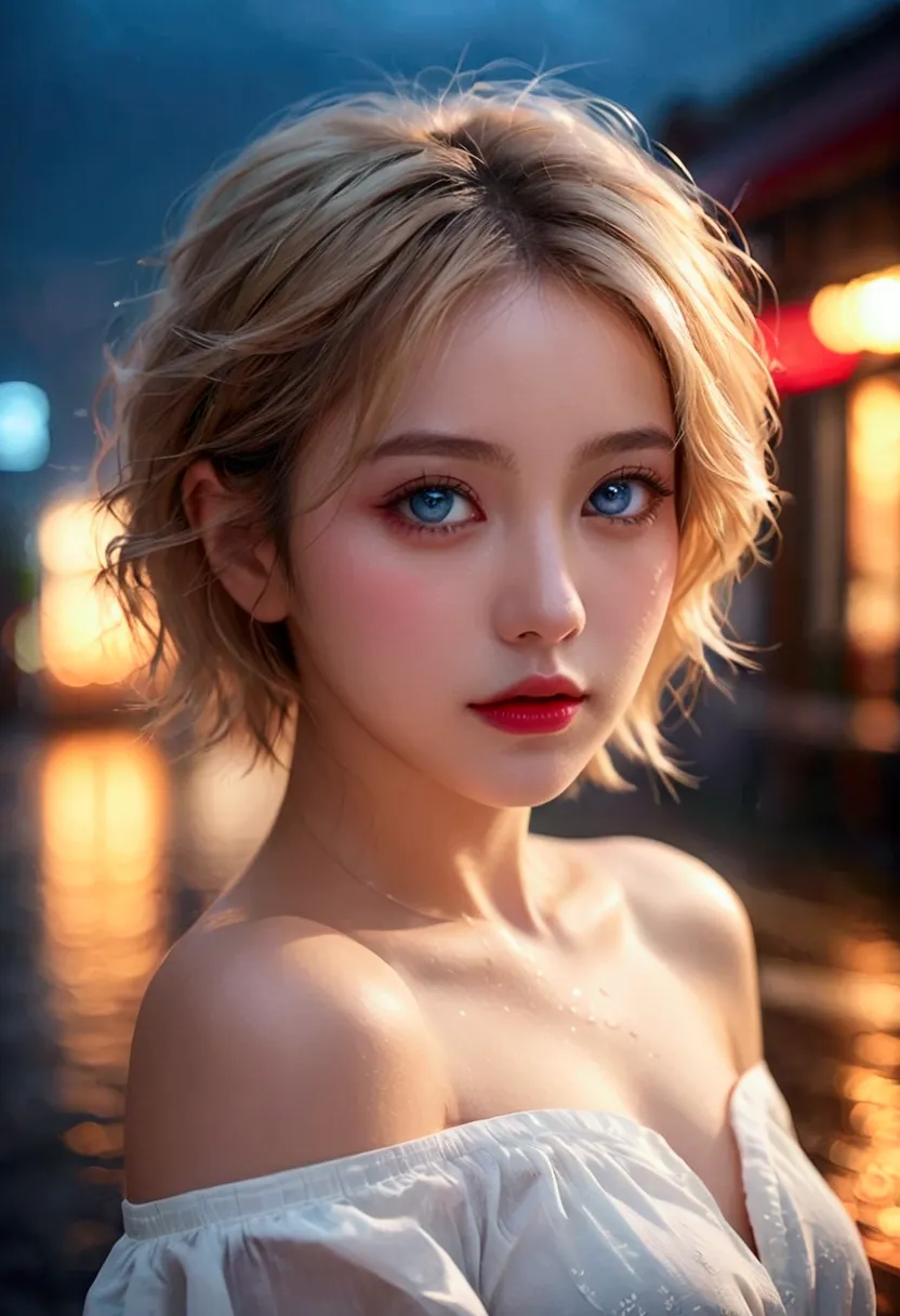 beautiful young woman with short blonde hair and blue eyes, wearing an off-shoulder white shirt and a flowing red skirt, 비가 내리는 ...