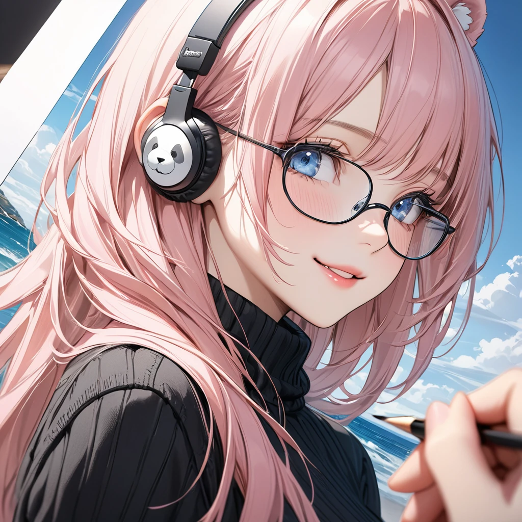 
((highest quality)), ((masterpiece)), (Get used to it), Perfect Face, masterpiece、highest quality、High resolution、High quality picture、8k, 1 woman、Fair skin,black sweater dress, close up white lips upper neckline 、Delicate eye expression、Pink hair mixed with yellow、Long haired girl, wearing bright white bear ear headset,wearing thin glasses, 
 Perfect Line Drawing, Beautiful line art, Beautiful Ocean Blue Eyes, Beautiful face with attention to detail, (Sweet Smile), charm, Innocent, Side view, (Face with perfect details), (Beautiful Hands) Photorealistic Drawing,