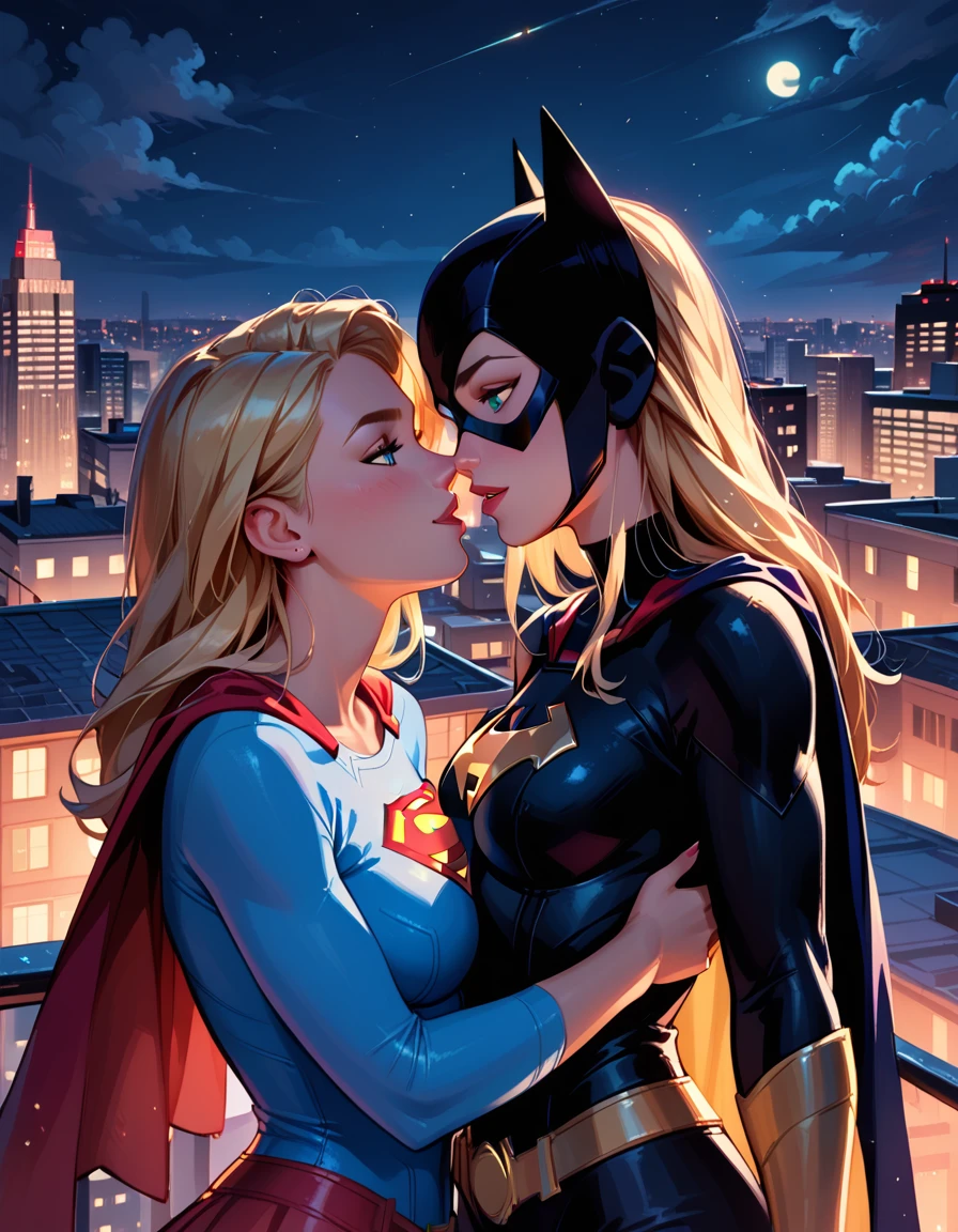 score_9, score_8_up, score_7_up, score_6_up, 2girls, Supergirl and Batgirl, (no cowl:1.2), yuri, couple, city rooftop, night, cinematic lighting.