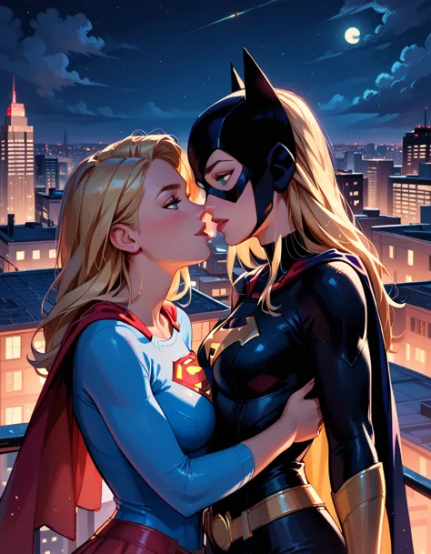 score_9, score_8_up, score_7_up, score_6_up, 2girls, supergirl and batgirl, (no cowl:1.2), yuri, couple, city rooftop, night, ci...