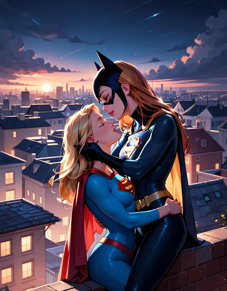 score_9, score_8_up, score_7_up, score_6_up, 2girls, Supergirl and Batgirl, (no cowl:1.2), yuri, couple, city rooftop, night, cinematic lighting.