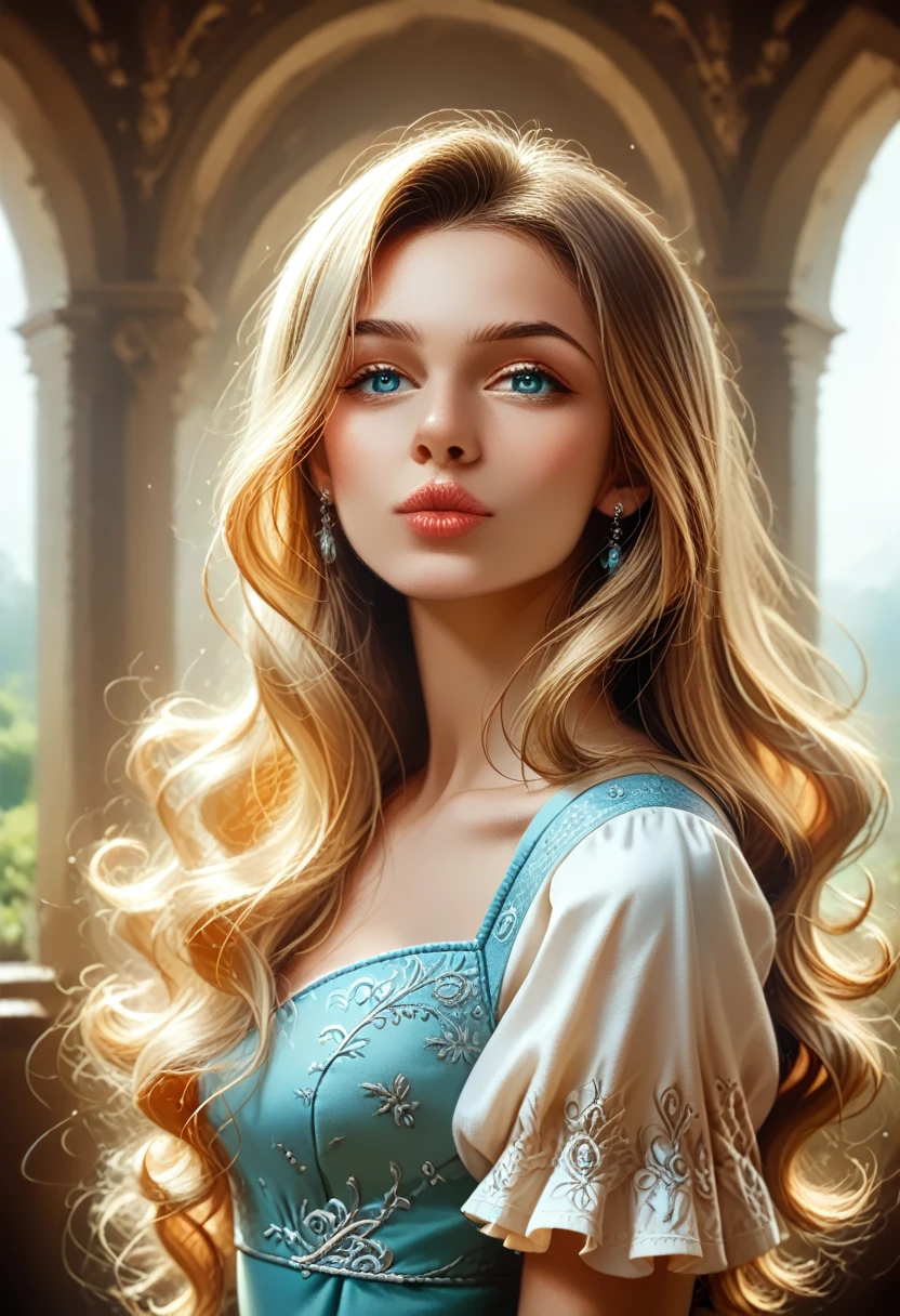 masterpiece, highest quality, ultra detail, illustration, beautiful detail, depth of field, dynamic angle, 8k wallpaper, portrait, best light and shadow quality, 4k, 8k, cg, fine detail, blurred background, upper body, contemporary, dress, blonde, long hair, beautiful eyes, beautiful splash