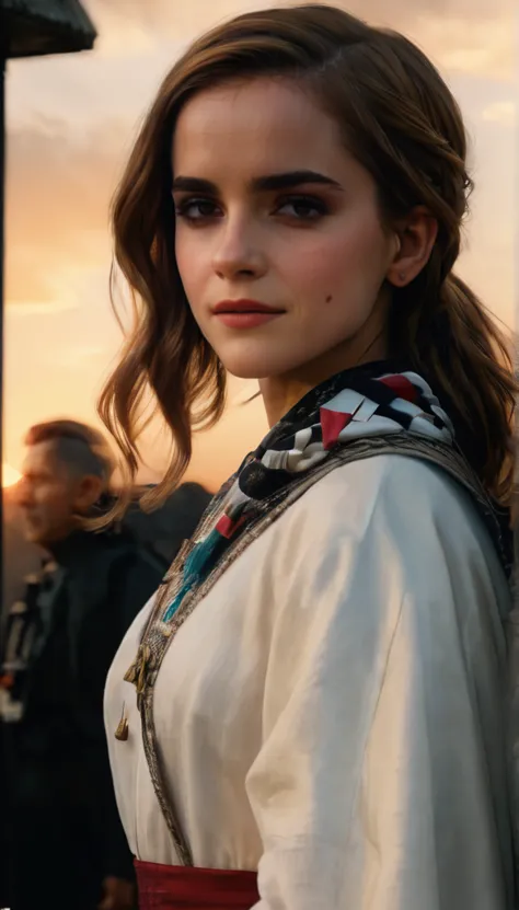 (emma watson) long hair:1.5, realistic,highres,reality,creative,(huge filesize, (palestine flag flying) in the wind with a sunse...