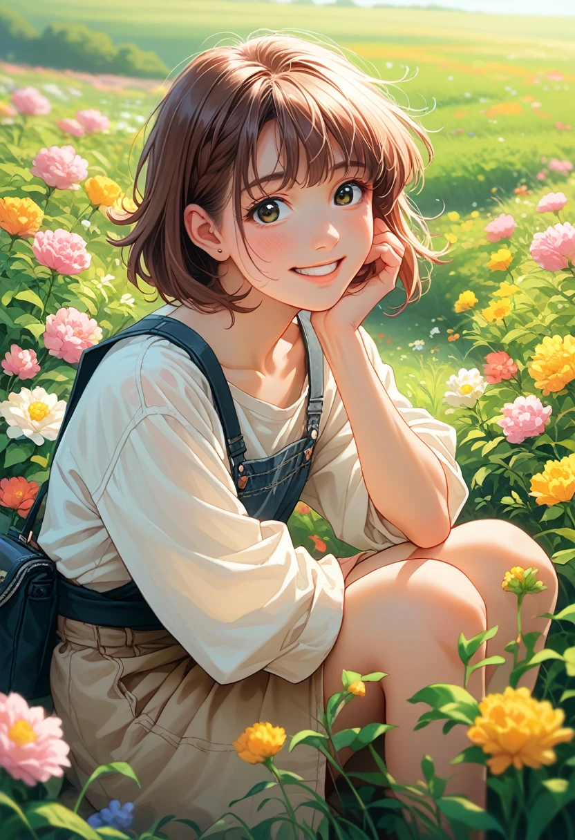 Anime girl in the anime style of the 80s sitting in a field of flowers and looking at the camera, smiling. pastel-colored