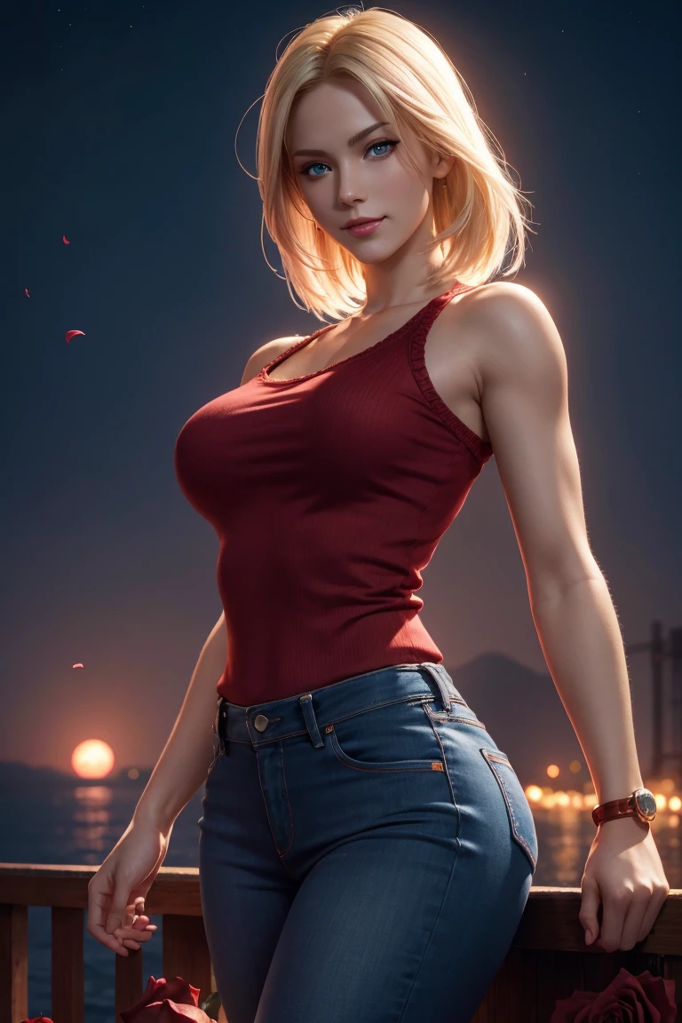 KOF,King of Fighters,Blue Mary,Blue Eyes,Blonde Hair,Medium Hair,Beautiful white skin,Photorealistic,Ultra HD,high quality,masterpiece,Digital SLR,Detailed details,Intricate details,Anatomical basis,Depicted in detail,A detailed face,Realistic skin texture,Vivid details,Perfect Anatomy,Perfect Anatomy,Anatomically correct hand,Anatomically correct fingers,Super Detail,Complex 3D rendering,Sexy pose,Red knitted tops,No sleeve,jeans,Fantasy worldview,Beautiful red sea,Beautiful Red Moon,Beautiful night sky,Petals of roses dance,Picturesque,Pink Lips,smile,