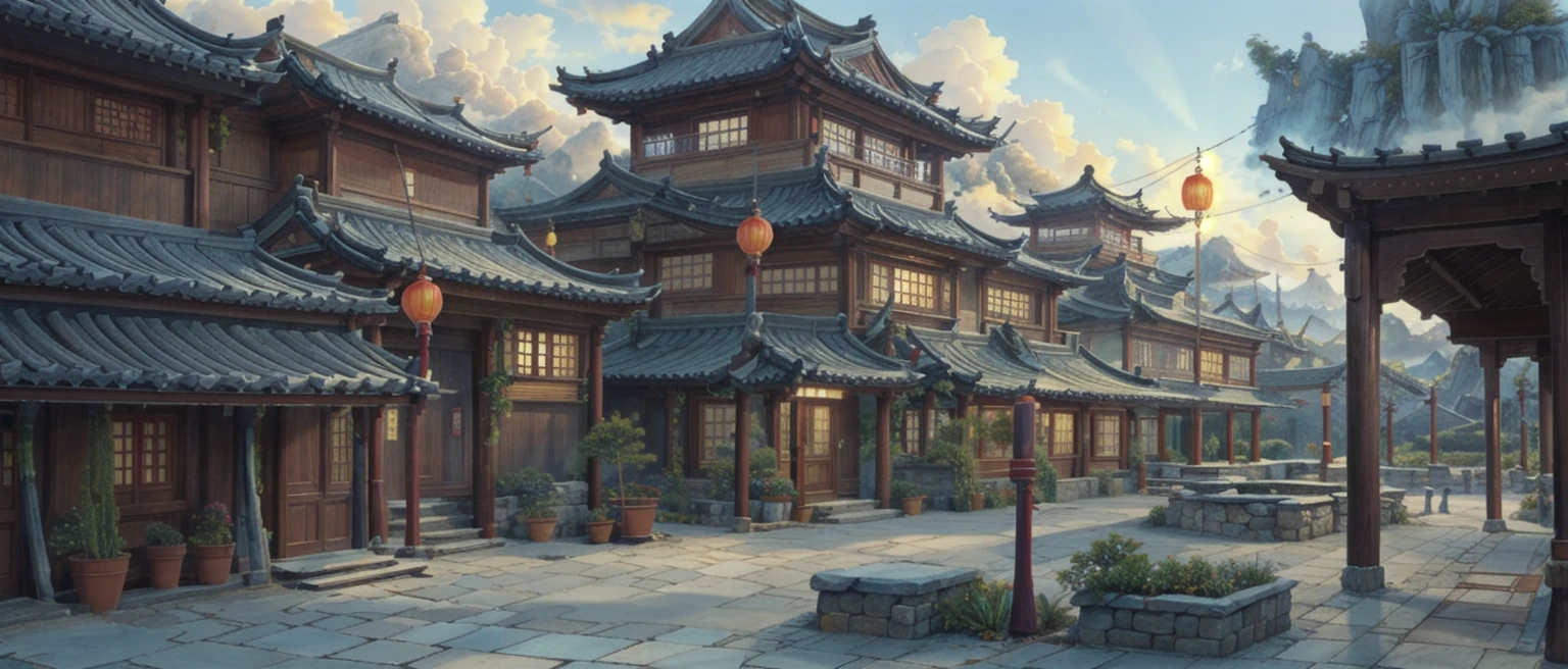 中国Ink画,  masterpiece , best quality, Ink画，Guo Chao，Ink，（Xianxia scene，Fantasy fairyland scene，Pavilions，architecture具有东南亚特色，cloud雾缭绕：1.5），outdoor，Sky，daytime，cloud，Tree，Blue sky，nobody，window，plant，architecture，landscape，lantern，stairs，Potted plants，architecture，东亚architecture，landscape