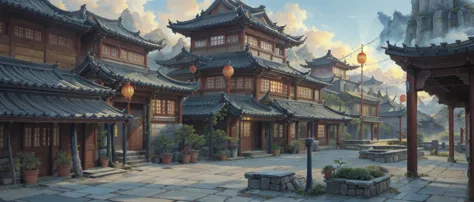 中国ink画,  masterpiece , best quality, ink画，guo chao，ink，（xianxia scene，fantasy fairyland scene，pavilions，architecture具有东南亚特色，clou...