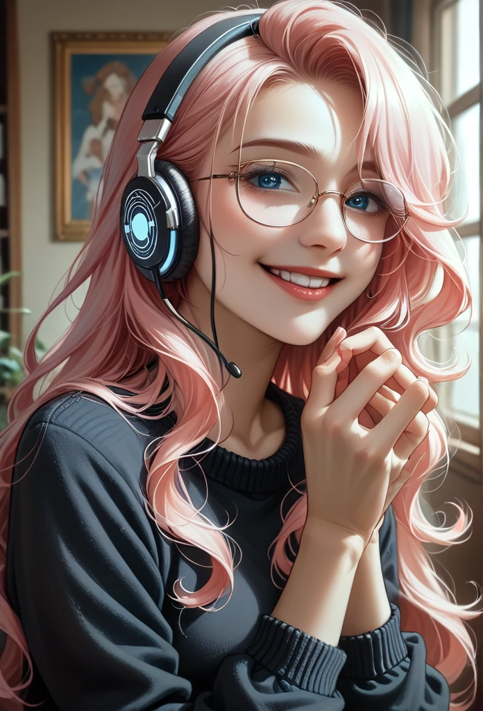 
((highest quality)), ((masterpiece)), (Get used to it), Perfect Face, masterpiece、highest quality、High resolution、High quality picture、8k, 1 woman、Fair skin,black sweater dress, close up white lips upper neckline 、Delicate eye expression、Pink hair mixed with yellow、Long haired girl, wearing bright white bear ear headset,wearing thin glasses, 
 Perfect Line Drawing, Beautiful line art, Beautiful Ocean Blue Eyes, Beautiful face with attention to detail, (Sweet Smile), charm, Innocent, Side view, (Face with perfect details), (Beautiful Hands) Photorealistic Drawing,