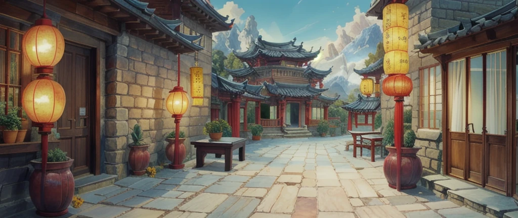 中国Ink画,  masterpiece , best quality, Ink画，Guo Chao，Ink，（Xianxia scene，Fantasy fairyland scene，Pavilions，architecture具有东南亚特色，cloud雾缭绕：1.5），outdoor，Sky，daytime，cloud，Tree，Blue sky，nobody，window，plant，architecture，landscape，lantern，stairs，Potted plants，architecture，东亚architecture，landscape