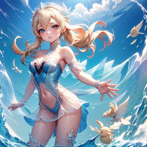 (best quality, masterpiece), 1 girl, full body, looking at the viewer,beach, elsa,frozen,transparent clothes, cute small face, e...