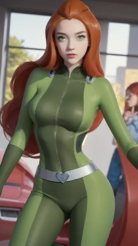 (masterpiece, best quality), 1girl,   sam \(totally spies\), orange hair, long straight hair, green eyes, , green bodysuit, big ...