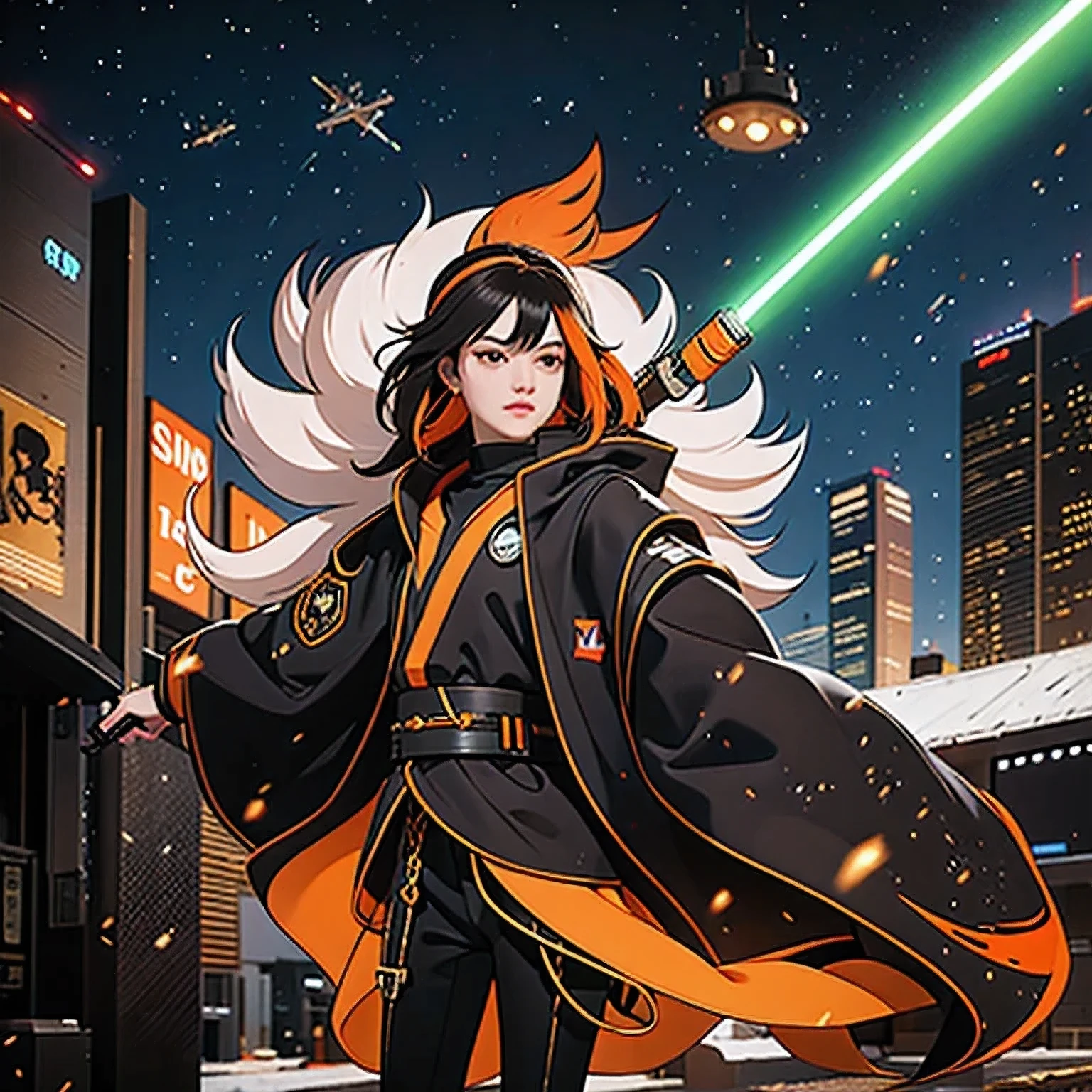 Black gold silk cyberpunk mine snow light orange rough linen cloak Trump lightsaber space floating 1:6 Miniatures，illustration