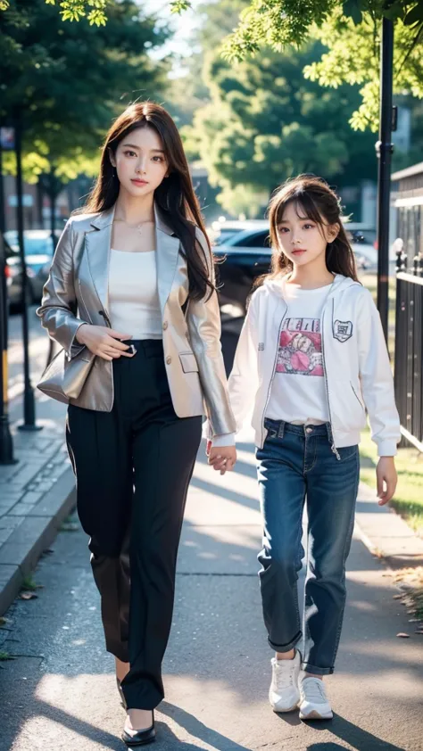 a beautiful 31-year-old mother and her adorable 6-year-old daughter are having fun walking in a park.、shirt, jacket,trousers,lon...