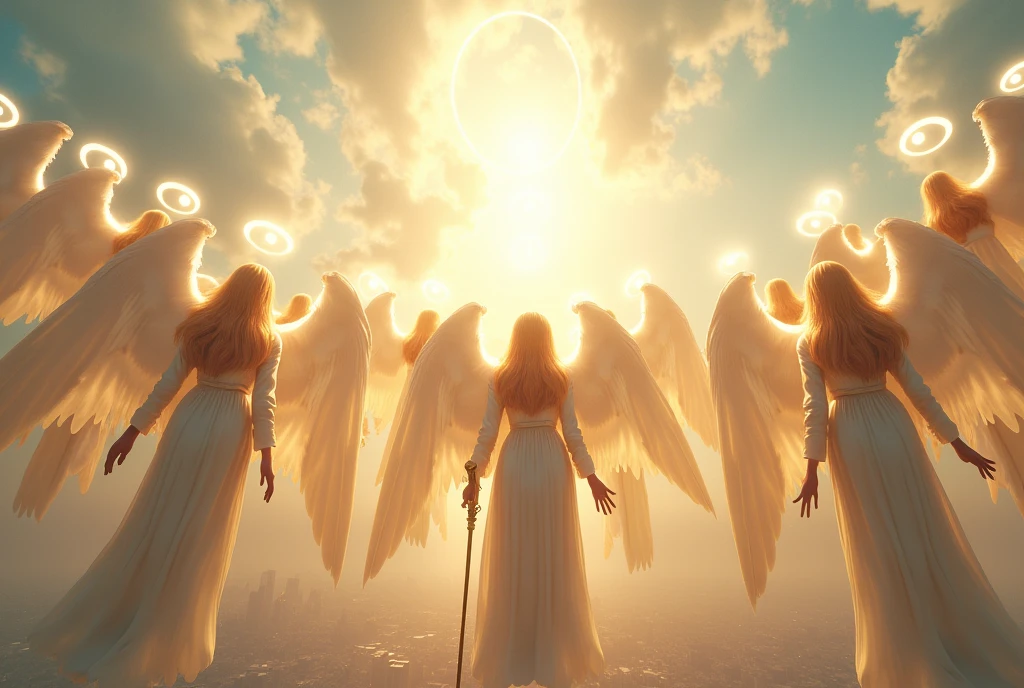 (masterpiece,top quality,high quality)), ((8K wallpaper unified with high definition CG)), (((Thirteen angels appear in the pre-dawn sky))), beautiful blond hair and thin robes fluttering, (Circle of Angels, angel halo), (rings of light above their heads, large wings of light on their backs:1.3), each of them holding a weapon in her hand and looking down on the city from above, view from below,