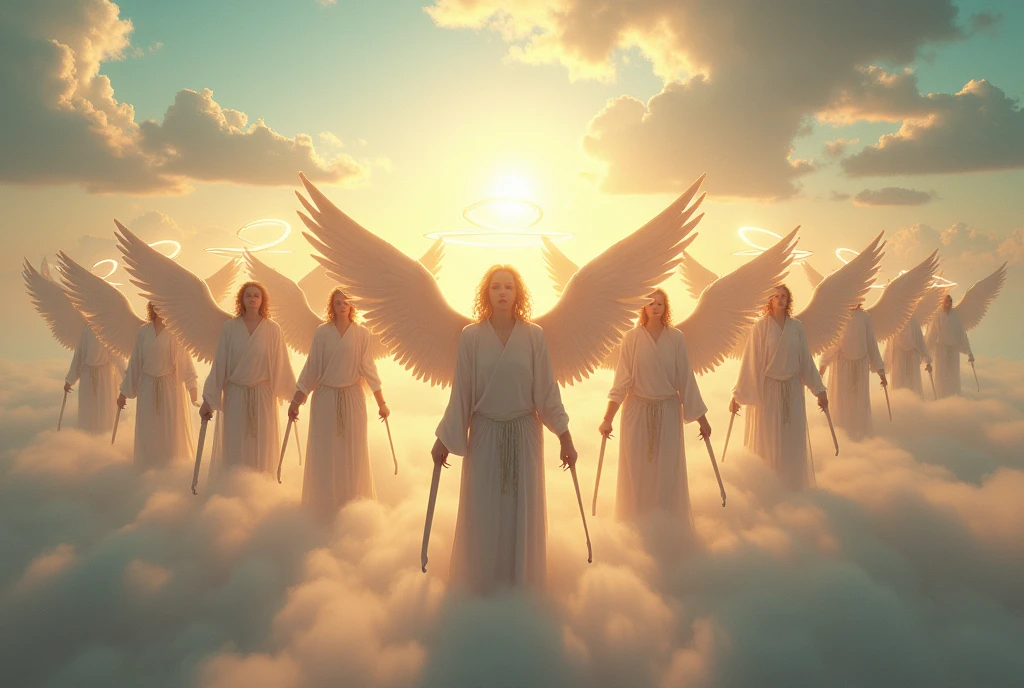 (masterpiece,top quality,high quality)), ((8K wallpaper unified with high definition CG)), (((Thirteen angels appear in the pre-dawn sky))), beautiful blond hair and thin robes fluttering, (Circle of Angels, angel halo), (rings of light above their heads, large wings of light on their backs:1.3), each of them holding a weapon in her hand and looking down on the city from above, view from below,