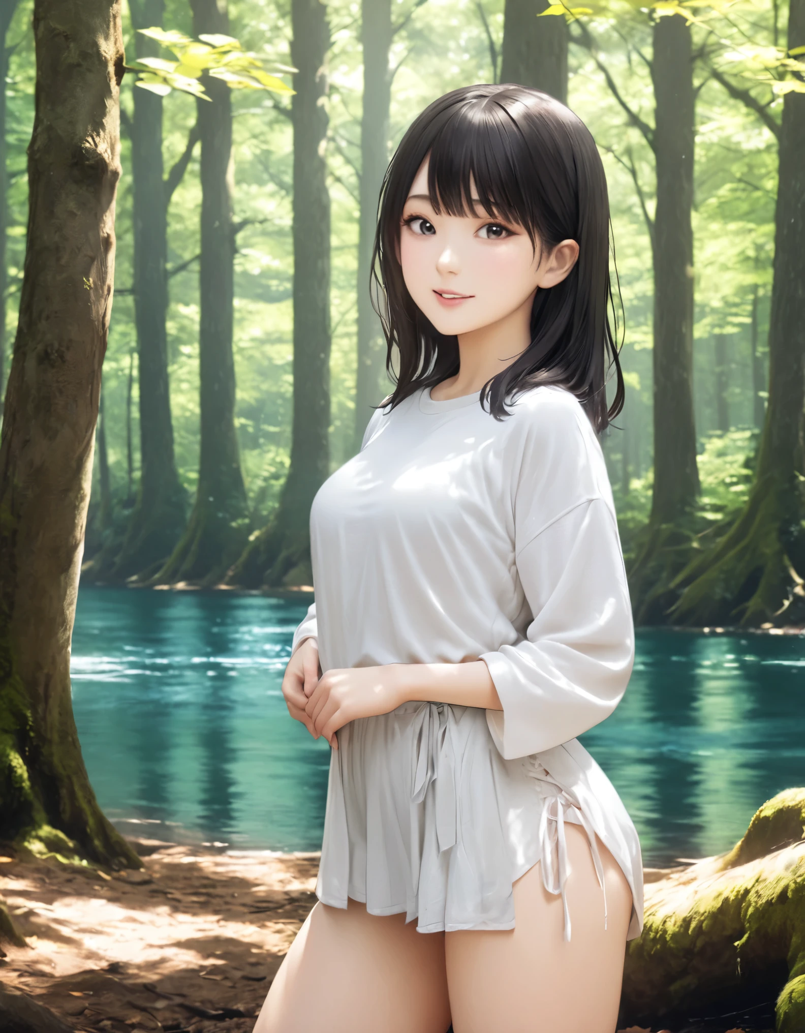 (best quality:1.2), 1girl, beech forest, lake, cowboy shot