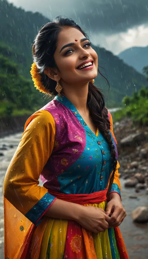 indian woman joyfully enjoying rain, hill station, mountain, river flowing, cloud weather, wearing colourful long kurta & long s...