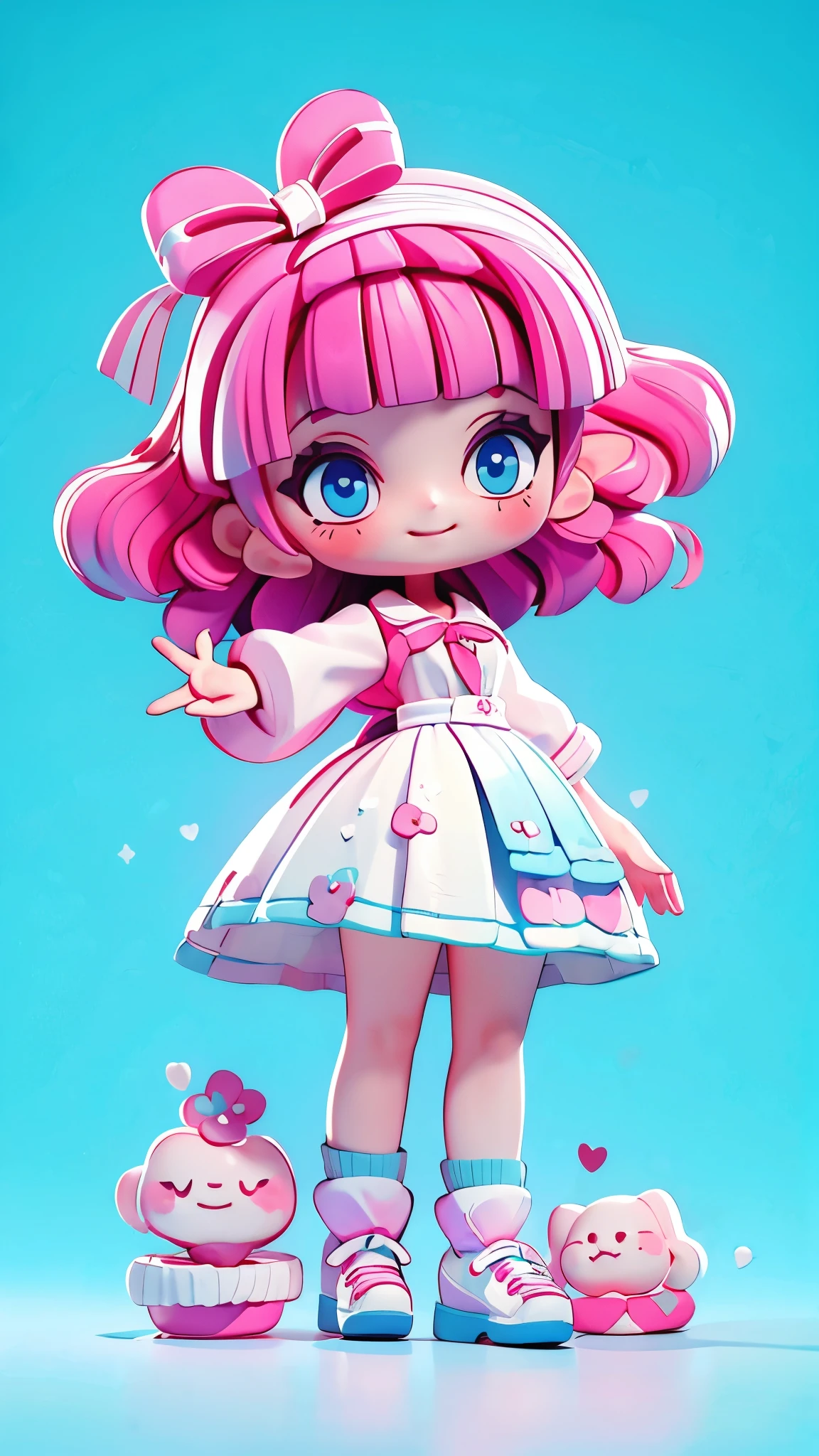 high resolution,smile,laugh,woman,woman1人,adult,Clear,cute,
((chibi)),
peace sign,
blunt bangs,wavy hair,Pink Hair,BREAK,Pink eyebrows,BREAK,
Light blue eyes,BREAK,
uniform,White shirt,BREAK,Checkered pleated skirt,BREAK,
White loose socks,White sneakers,BREAK,
Ribbon hairpin,BREAK,
Facing forward,BREAK,Light blue background,pastel colour,
