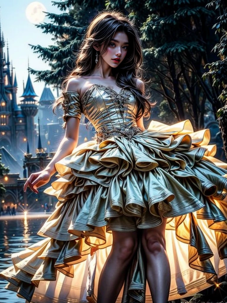 fantasy, high quality, 8K, realistic,photo realistic,RAW photo,photography,High resolution, ultra-definition, highest quality,Dramatic lighting, glitter effect, from below,, ballet、Swan Lake、Lake in the deep forest、I can see the castle in the distance、full body from disney beauty and the beast, ,break, A prima donna woman  gracefully dances ballet in the moonlight on a mysterious lake.、Arabesque pose、Lonely、1 woman、((luxurious and delicate white tutu)),semi-long hair,black hair,black eyes、beautiful feet、Ballet Pointe Shoes, Peeking from below、Straddling the camera,big breasts,wide open eyes,half open mouth, looking at the viewer 