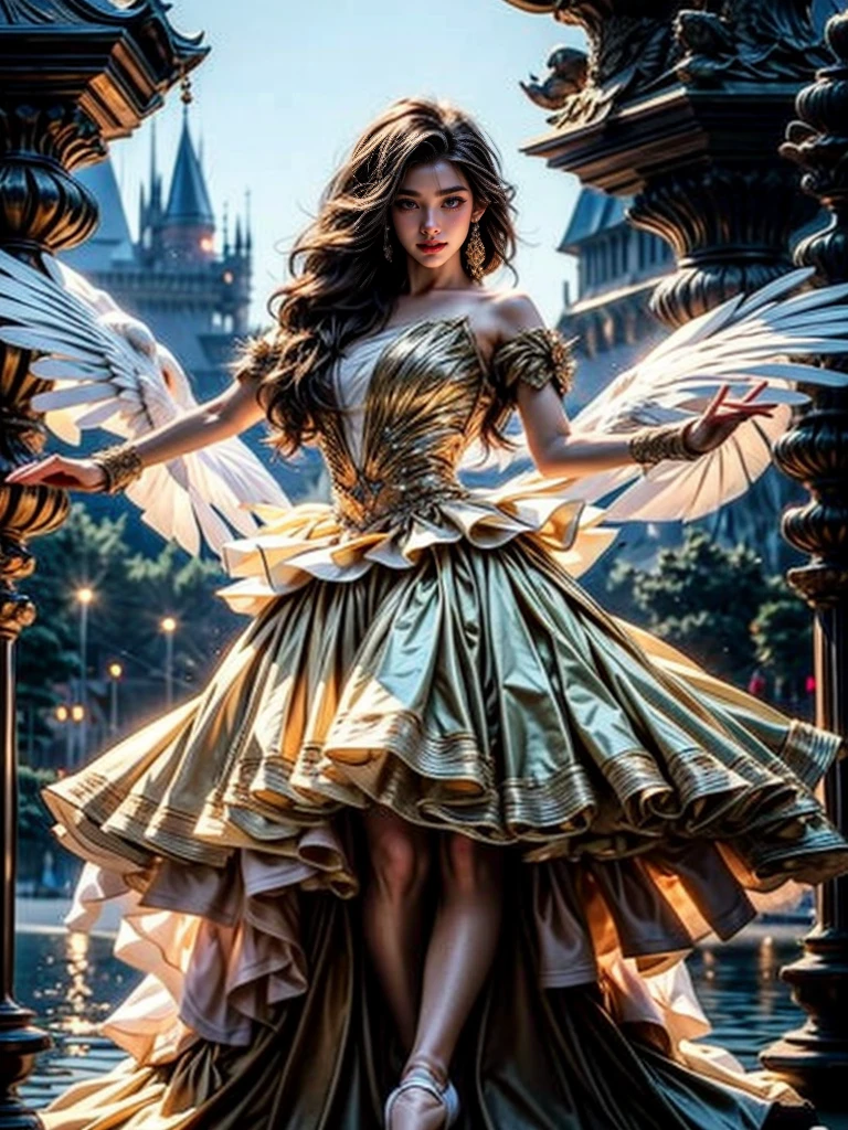 fantasy, high quality, 8K, realistic,photo realistic,RAW photo,photography,High resolution, ultra-definition, highest quality,Dramatic lighting, glitter effect, from below,, ballet、Swan Lake、Lake in the deep forest、I can see the castle in the distance、full body from disney beauty and the beast, ,break, A prima donna woman  gracefully dances ballet in the moonlight on a mysterious lake.、Arabesque pose、Lonely、1 woman、((luxurious and delicate white tutu)),semi-long hair,black hair,black eyes、beautiful feet、Ballet Pointe Shoes, Peeking from below、Straddling the camera,big breasts,wide open eyes,half open mouth, looking at the viewer 