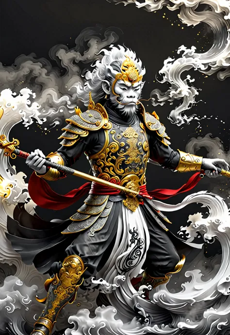 /i sun wukong, the monkey king of chinese mythology, is depicted wearing ornate armor and wielding his golden staff, minimalist ...