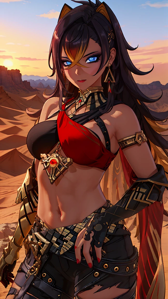 (masterpiece:1.2), best quality, high resolution, unity 8k wallpaper, (illustration:0.8), (beautiful detailed eyes:1.6), extremely detailed face, perfect lighting, extremely detailed CG, (perfect hands, perfect anatomy), standing, blush, looking at viewer, pokies, small boobs, sexy pose, (in a twilight oasis), (ancient desert)