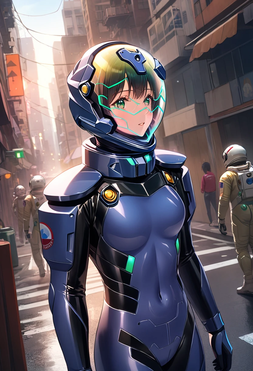 short hair, street, Emo, Black Hair, White eyes, eyeliner, Apocalypse, (astronaut, , road, city,  Reinforced Suit, ((green:1.5) Plug Suit), short hair, Outdoor, Cinematic Light,  Medium chest, Covered navel, Space Helmet, Mvrów, Space Helm, Eva helmet,[[[[ 