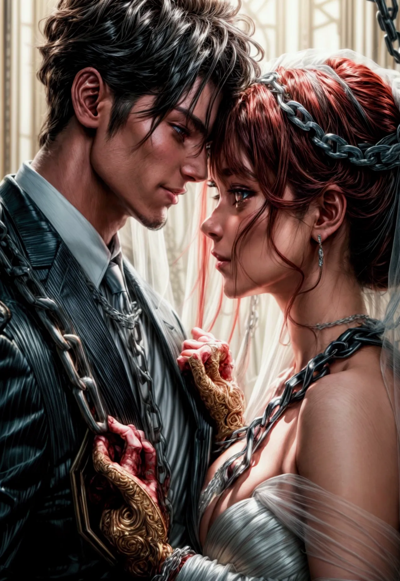 oil painting anime comic art, julie bell art of a groom held by ((radiant chains: 1.2)), in his wedding day and his bride, a han...