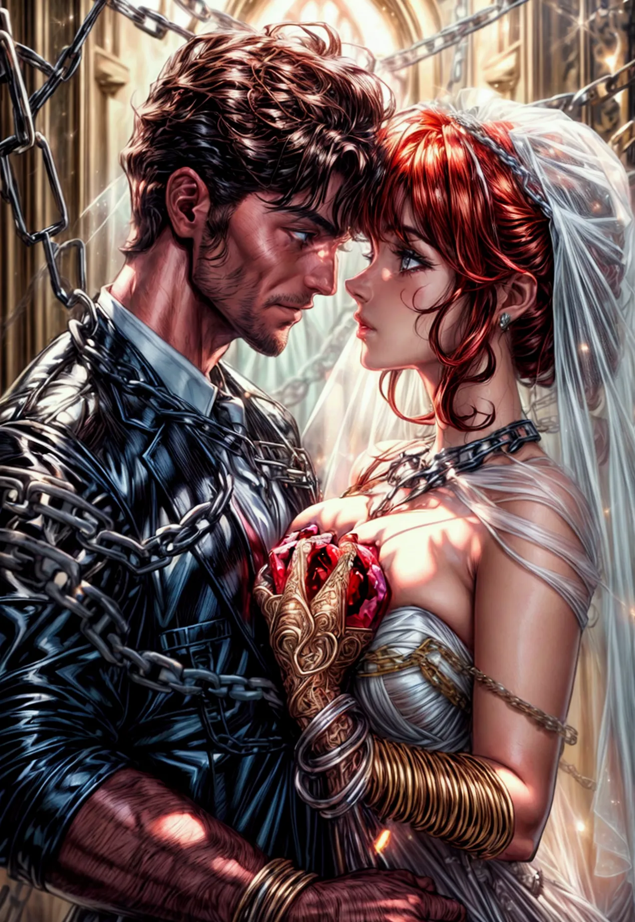 oil painting comic art, julie bell art of a groom held by ((radiant chains: 1.2)), in his wedding day and his bride, a handsome ...