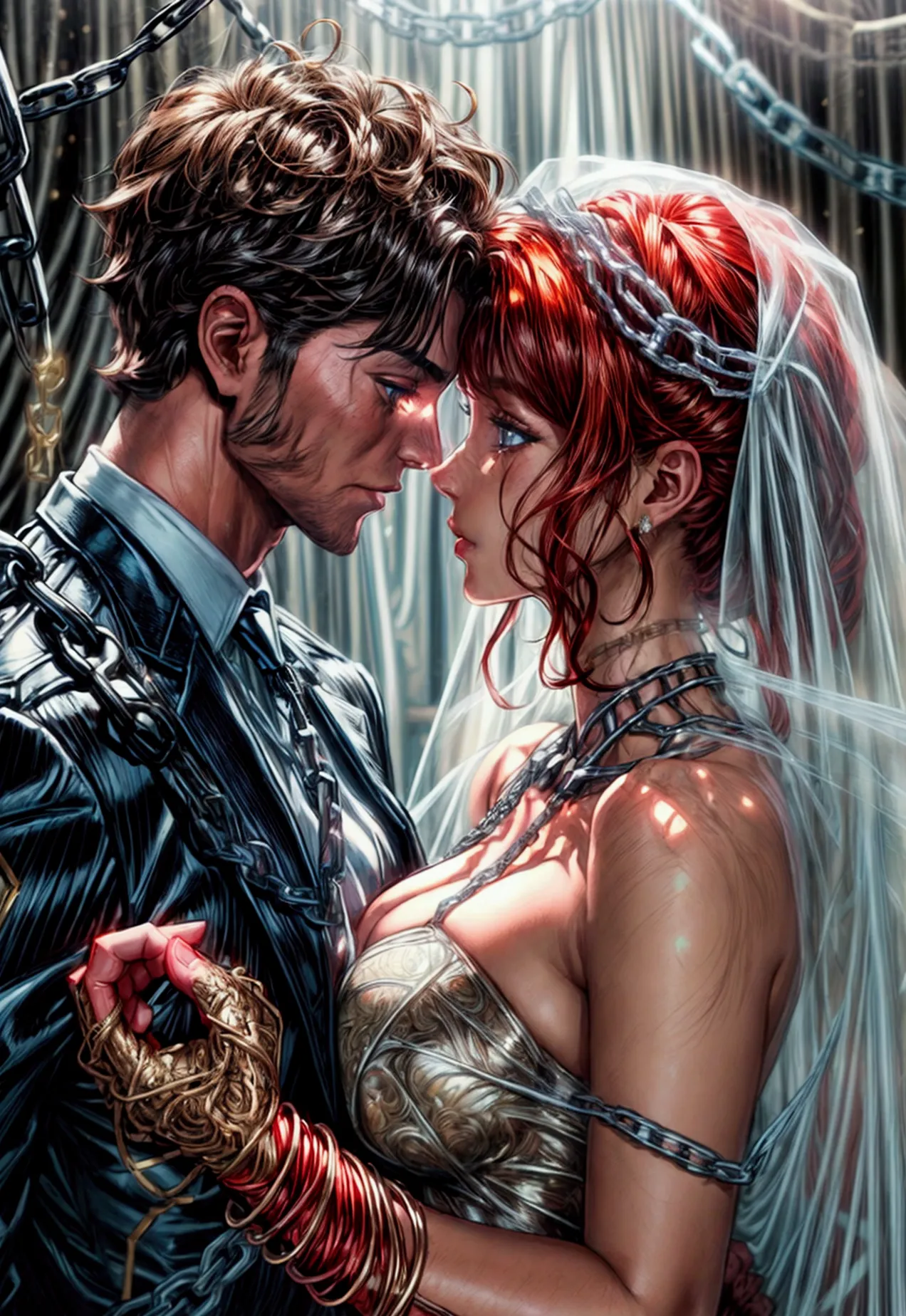 oil painting comic art, julie bell art of a groom held by ((radiant chains: 1.2)), in his wedding day and his bride, a handsome ...