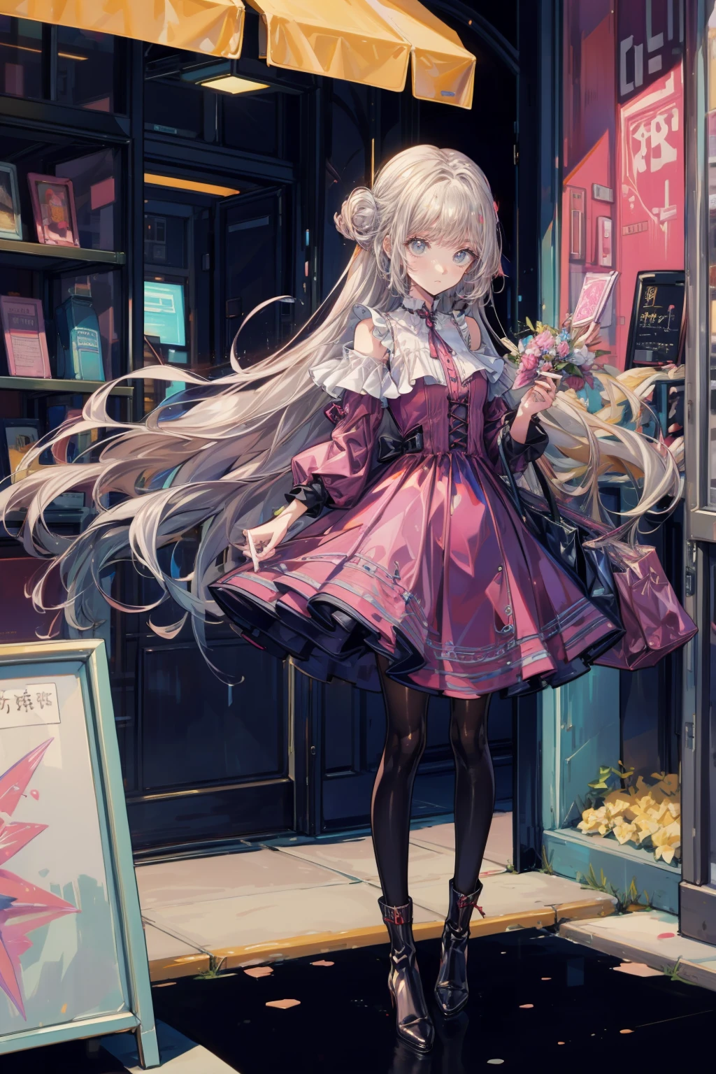 steal、Raiding the store、Anime Style、Storytelling、、beautiful girl、とてもcute天使、Pink Gothic Dress、cute、Baby Face、smile、Long skirt、Black long boots、
