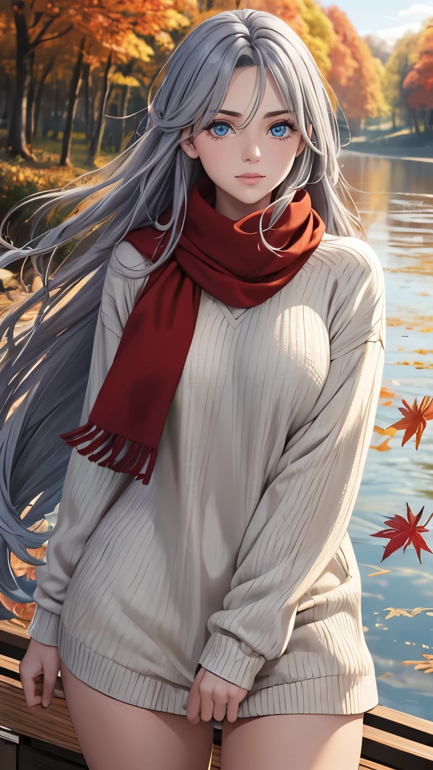 (Artwork), Highest quality, Super detailed, figure, Warm lighting, Soft lighting, Shiny colors, 1 person, Independent,( beautiful girl, Long Hair, Blue colored eyes, like, Gray Hair, Hair between the eyes, hair like, Side Lock, very Long Hair, Messy Hair,) , autumn, Many maples, maple leaf, Golden Leaf, folhagem de autumn, Dry leaves, river,  fresh air,  peace, Fresh breeze , Pleasant Climate,( Wear a white or brown sweater, Red scarf, that&#39;Whimsical, melancholic, melancholic, sorrow ,Enthusiast, longing,), ((Large breasts)), ((Big)) (((Sexy clothes)))