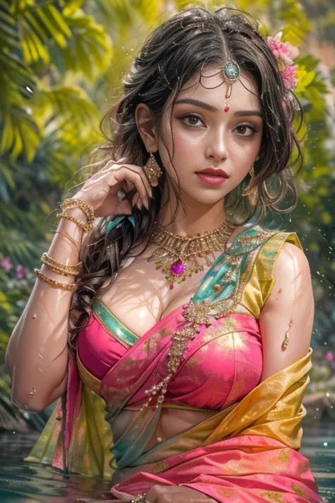 portraiture,(viewer discretion advised 0.75) ,woman, ((princess pose)) ,very very big breasts, soft nylon sexy saree , orange , ...