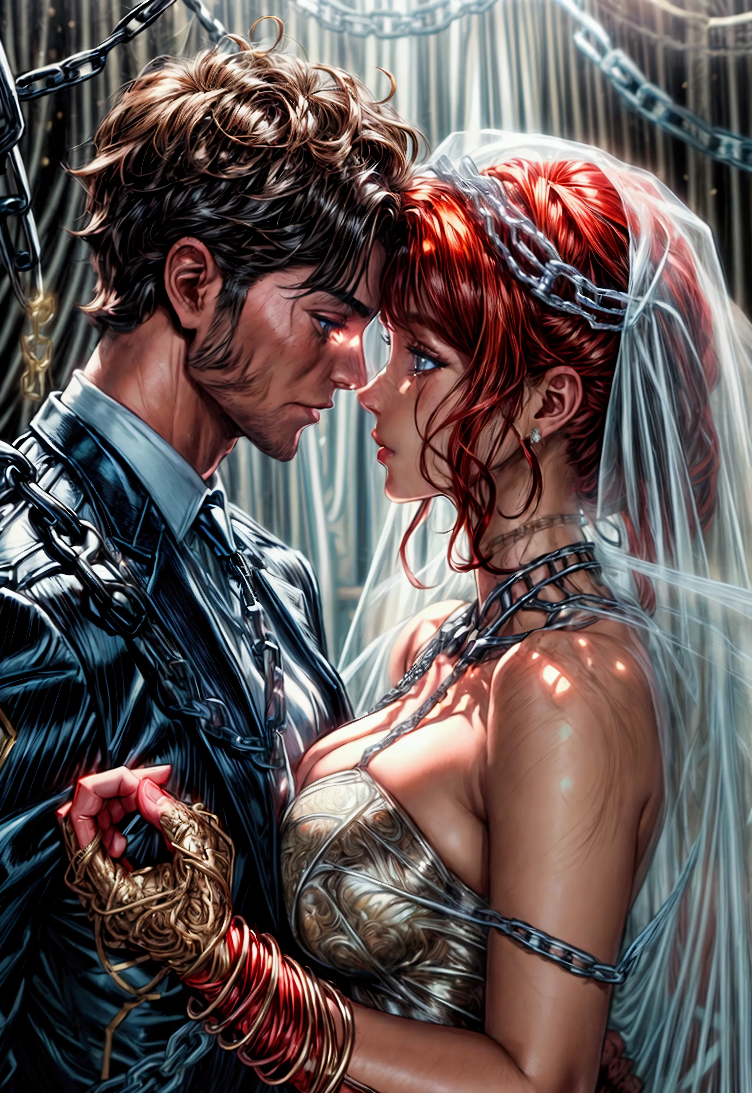 oil painting comic art, julie bell art of a groom held by ((radiant chains: 1.2)), in his wedding day and his bride, a handsome ...