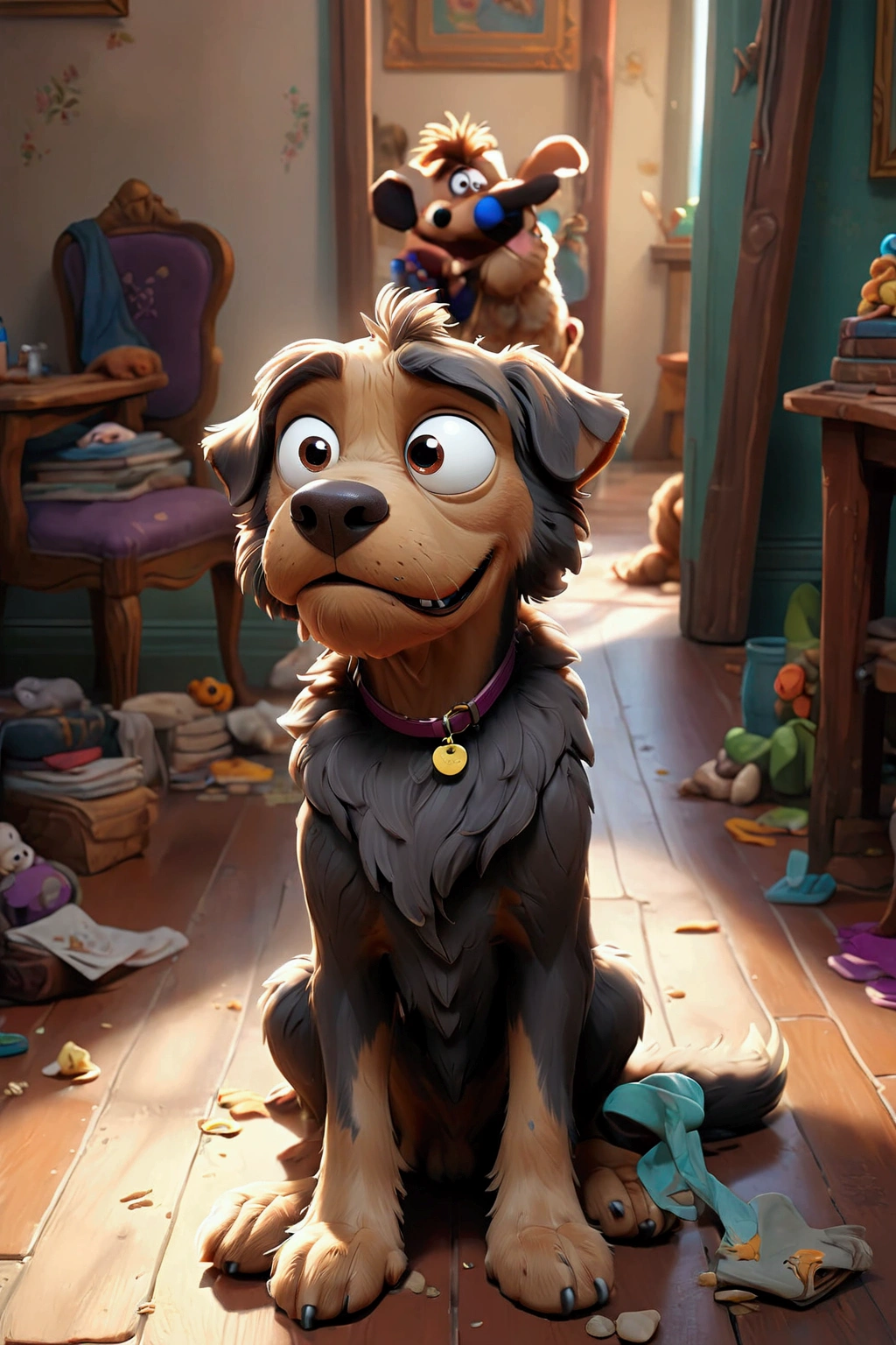 there is a dog cartoon charater in disney style that is sitting on the floor in the room, scruffy looking, looking straight to camera, by Romain brook, by Emma Andijewska, looking straight to the camera, selfie of a dog, his hair is messy and unkempt, retired barney, cute furry needs your help, portrait zeus, by Petr Brandl, looking smug