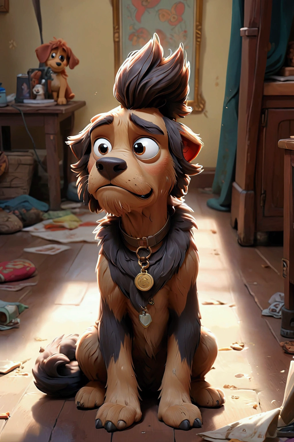 there is a dog cartoon charater in disney style that is sitting on the floor in the room, scruffy looking, looking straight to camera, by Romain brook, by Emma Andijewska, looking straight to the camera, selfie of a dog, his hair is messy and unkempt, retired barney, cute furry needs your help, portrait zeus, by Petr Brandl, looking smug