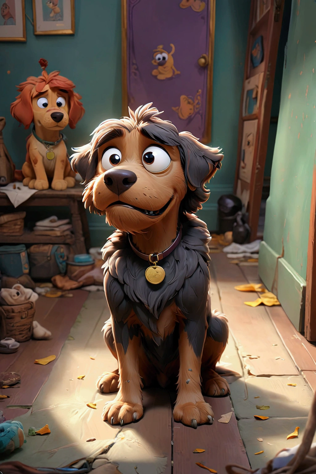 there is a dog cartoon charater in disney style that is sitting on the floor in the room, scruffy looking, looking straight to camera, by Romain brook, by Emma Andijewska, looking straight to the camera, selfie of a dog, his hair is messy and unkempt, retired barney, cute furry needs your help, portrait zeus, by Petr Brandl, looking smug