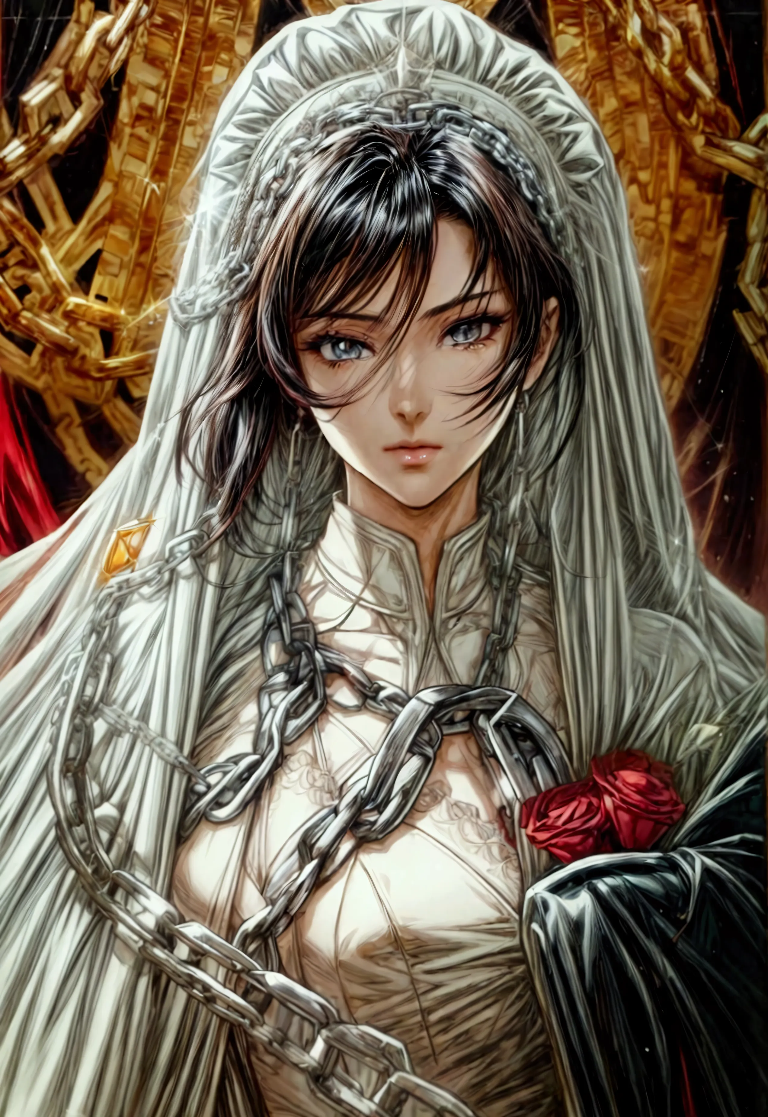 oil painting anime comic art, julie bell art of a groom held by ((radiant chains: 1.2)), in his wedding day and his bride, a han...