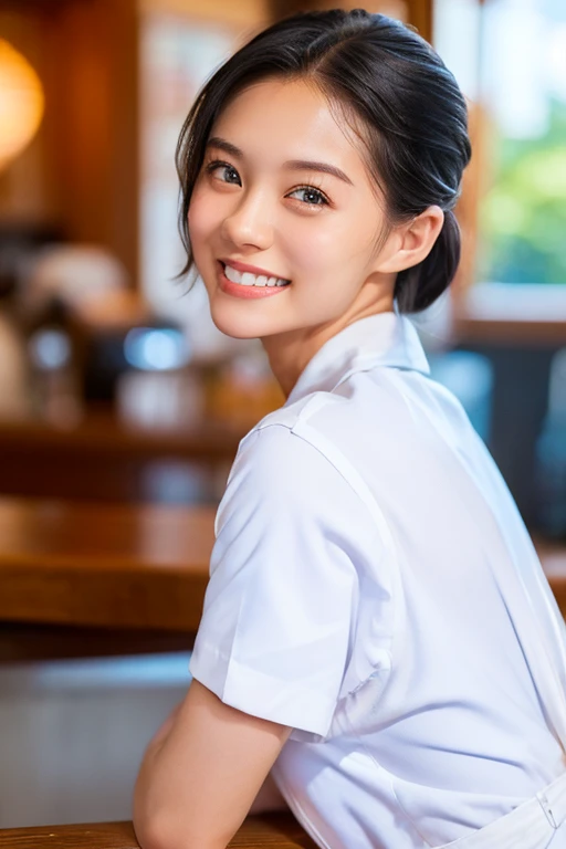 ((sfw: 1.4)),((detailed face, professional photography)), ((sfw, barista uniform,forehead, pulled back hair, 1 Girl)), smile, Ultra High Resolution, (Realistic: 1.4), RAW Photo, Best Quality, (Photorealistic Stick), Focus, Soft Light, ((20 years old)), ((Japanese)), (( (young face))), (surface), (depth of field), masterpiece, (realistic), woman, bangs, ((1 girl))