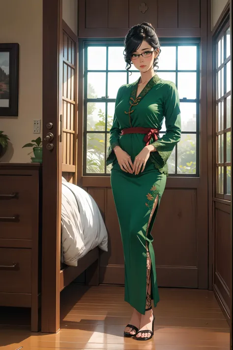 1 girl, black updo hair, glasses, tall girl, large breast, wearing traditional green  lace kebaya , standing, inside bedroom, fu...