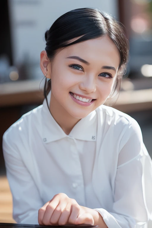 ((sfw: 1.4)),((detailed face, professional photography)), ((sfw, barista uniform,forehead, pulled back hair, 1 Girl)), smile, Ultra High Resolution, (Realistic: 1.4), RAW Photo, Best Quality, (Photorealistic Stick), Focus, Soft Light, ((20 years old)), ((Japanese)), (( (young face))), (surface), (depth of field), masterpiece, (realistic), woman, bangs, ((1 girl))