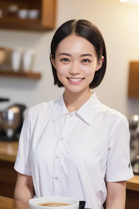 ((sfw: 1.4)),((detailed face, professional photography)), ((sfw, barista uniform,forehead, pulled back hair, 1 girl)), smile, ul...