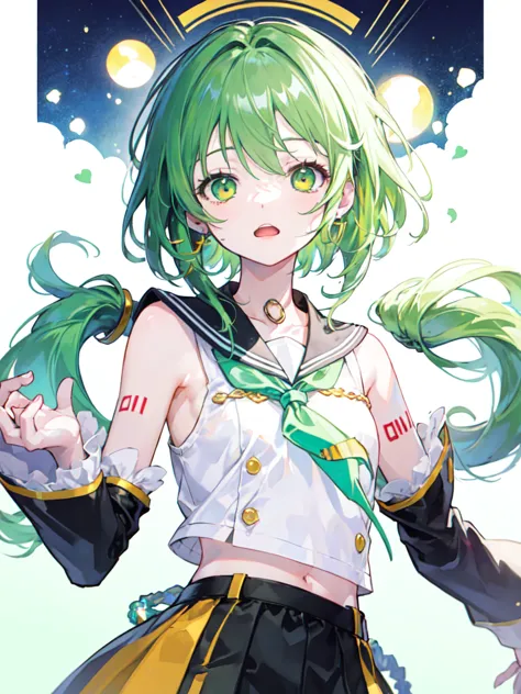 from adobe,vocaloid gumi,alone,(dreadlocks:1.4),short hair,both sides up,hime cut,braiding,(hair bun:0.7),(wavy green hair:1.2),...